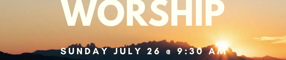 Outdoor worship service at sunrise announcement.