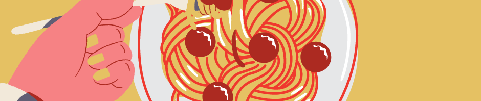 Hand holding a plate of spaghetti with event details for a free drive-thru dinner.