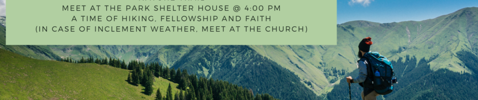 Scenic mountain hike invitation with clear blue skies and lush greenery.