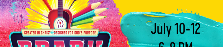 Colorful VBS 2023 Spark Studios poster with dates and age groups.