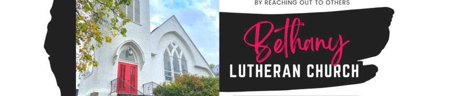 Bellamy Lutheran Church with a welcoming red door and Sunday worship info.