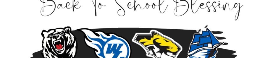 Back to School banner with four school logos on a black background.