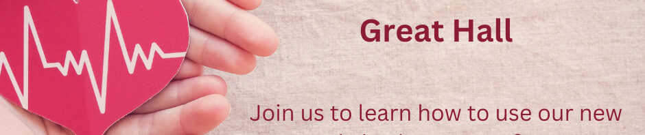 CPR/AED training announcement with heart graphic.