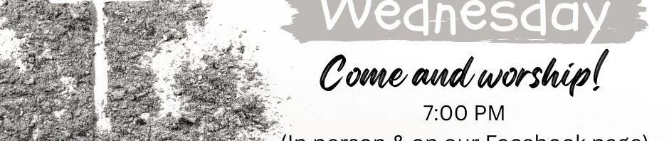 Church worship invitation with a cross and tree silhouette at sunset.