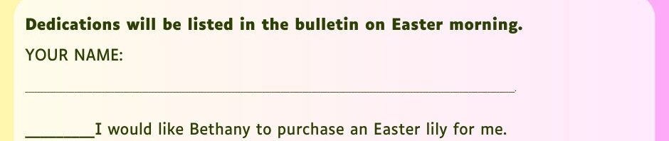 Easter ad flyer for Bethany Lutheran Church's Easter Lily sale and worship services.