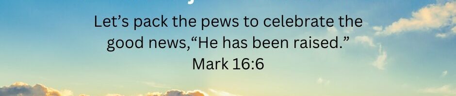 Easter worship invitation with sunrise and ocean background.