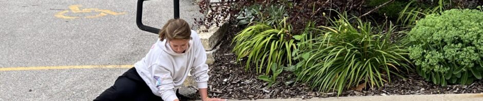 A child drawing with chalk on a sidewalk surrounded by greenery.