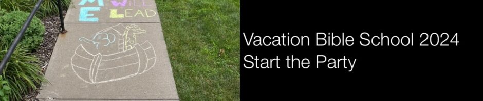Colorful chalk drawings and messages on a sidewalk for Vacation Bible School.